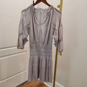 Anthropologie Current Air Dress XS Gray Silver Sparkle Mini Ruffle Smocked Boho